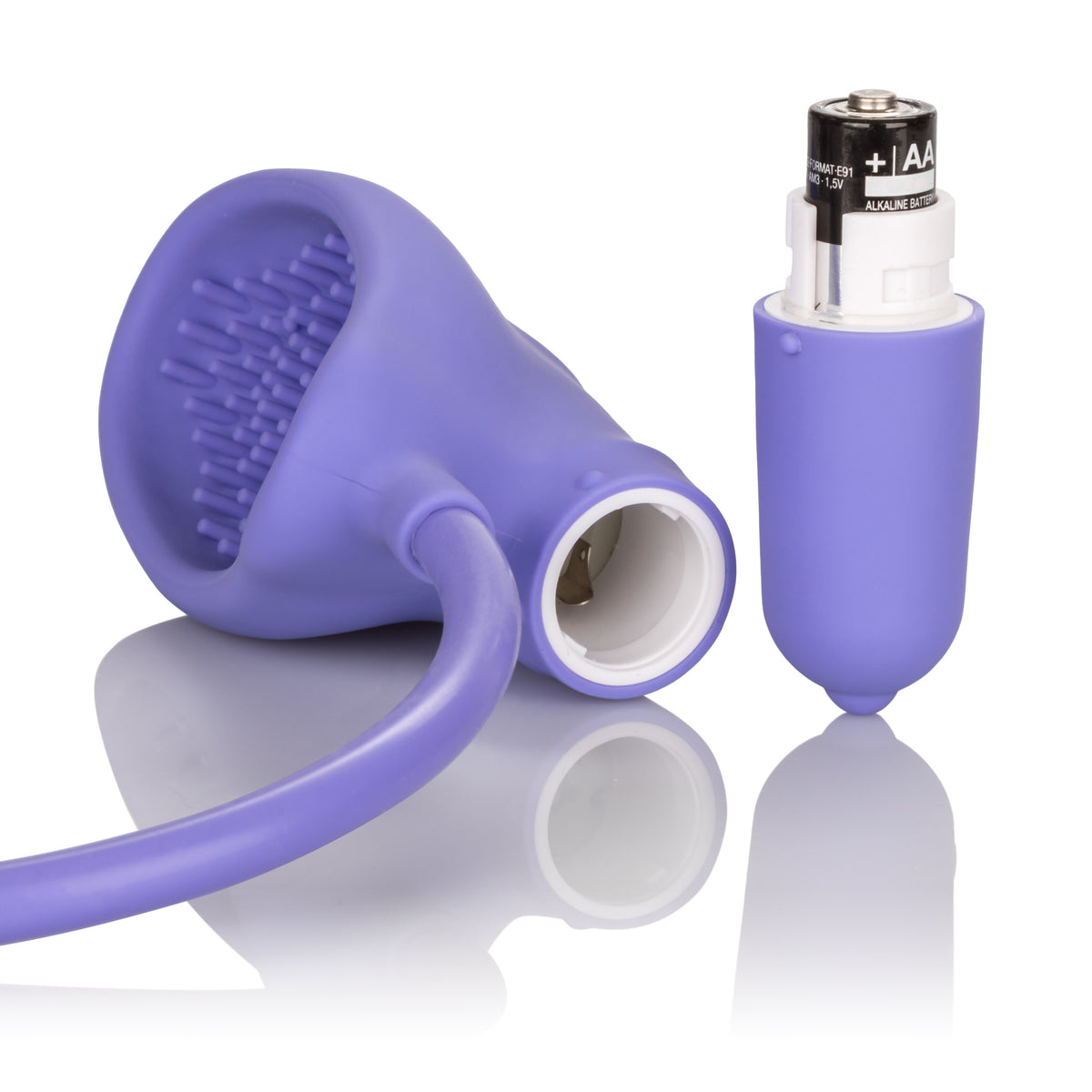CalExotics Silicone Pro Intimate Clitoral Pump Purple showing silicone cup and battery, designed for enhanced clitoral sensitivity.