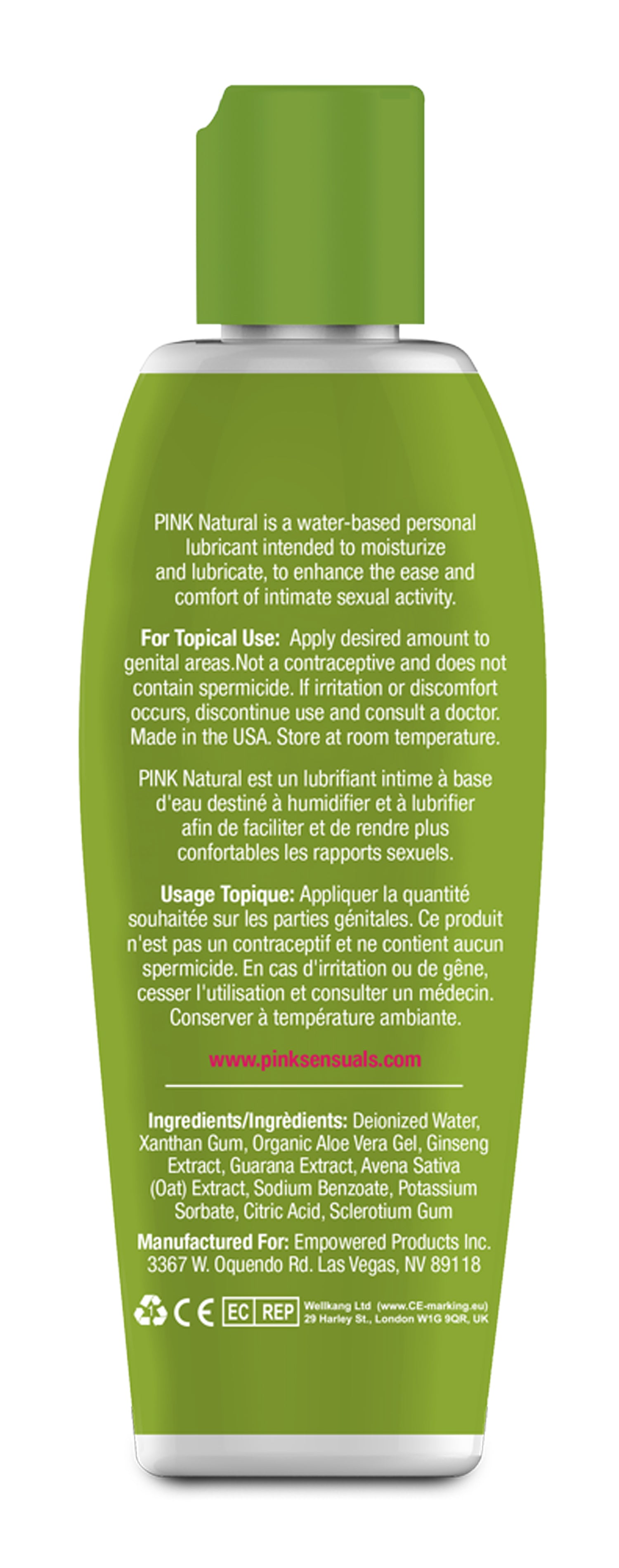 Pink Natural Water-based Lubricant for Women 4.7 Oz bottle with green label and instructions.