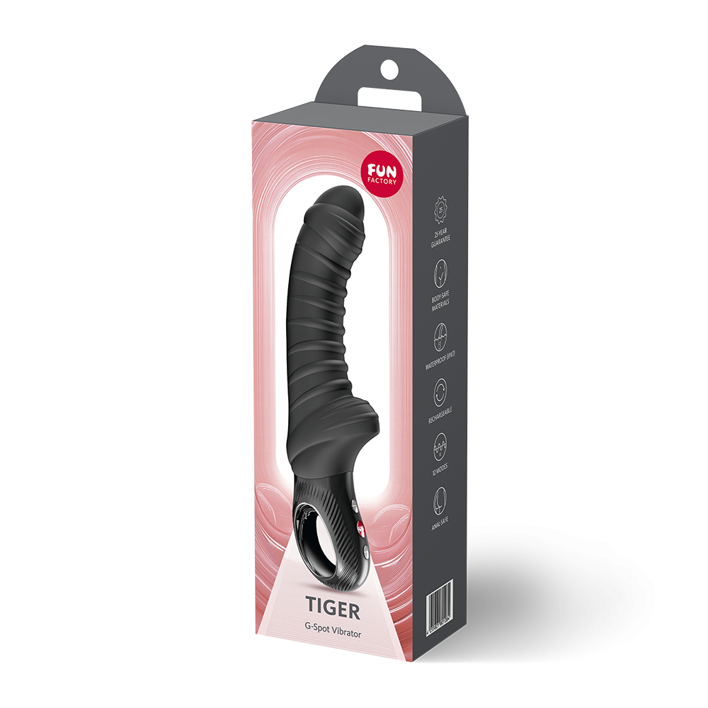 Fun Factory Tiger G-Spot Vibrator Black packaging displayed, showcasing sleek design and features.