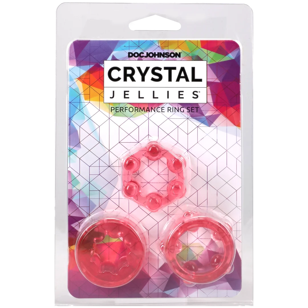 Crystal Jellies Performance Ring Set Pink packaged trio of chunky textured cock rings for enhanced performance.