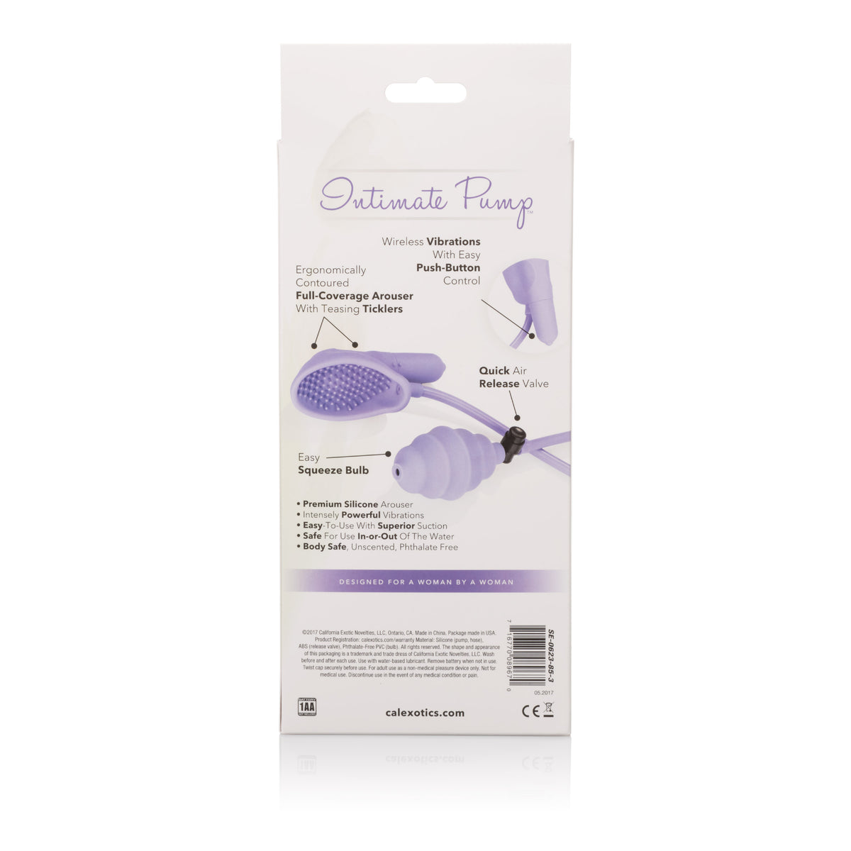 CalExotics Silicone Pro Intimate Clitoral Pump Purple packaging featuring ergonomic design and easy-to-use features.