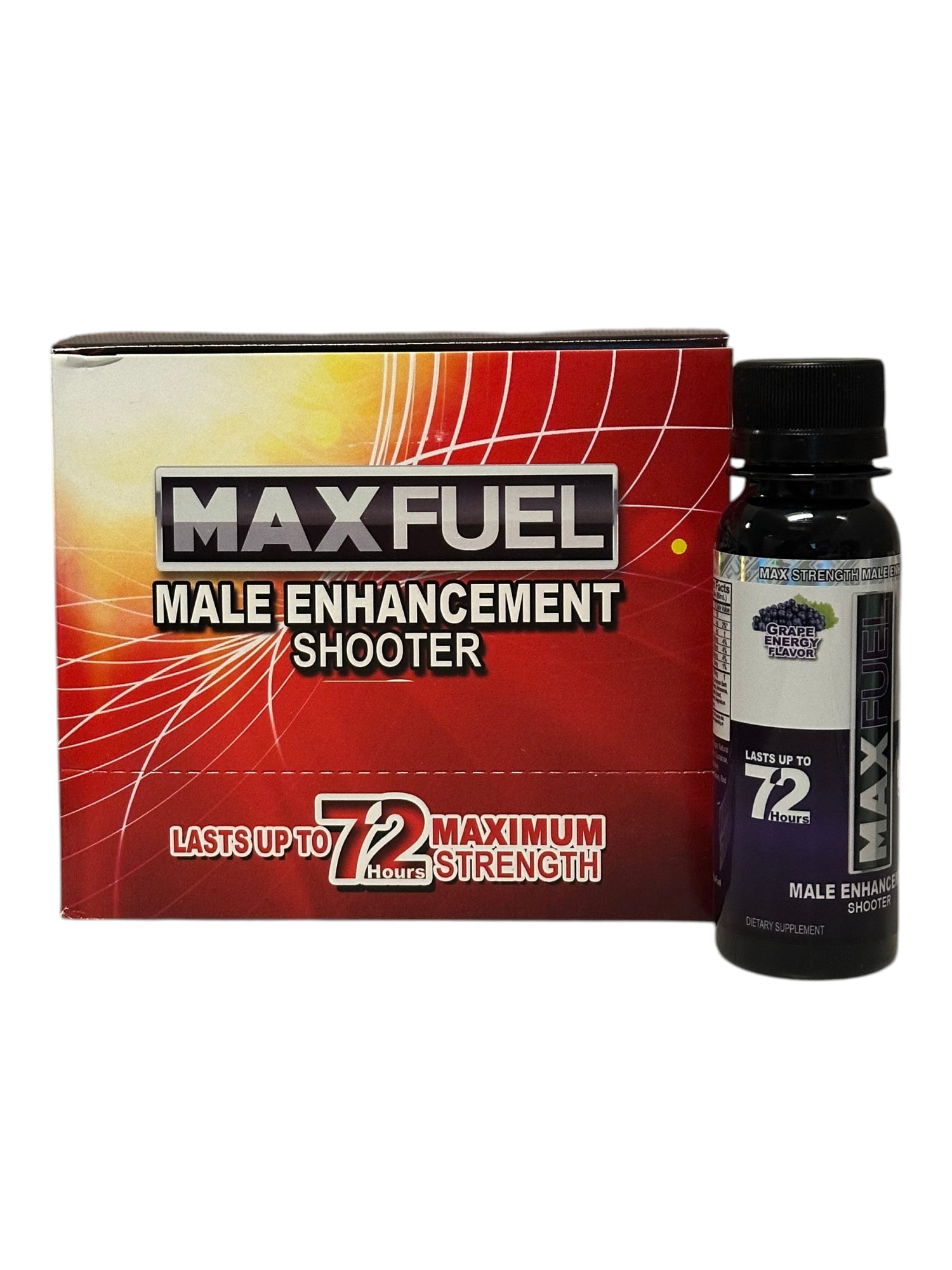 MaxFuel Grape Vitality Shooter 12 x 3 Oz Bottles, designed to last up to 72 hours for maximum strength.