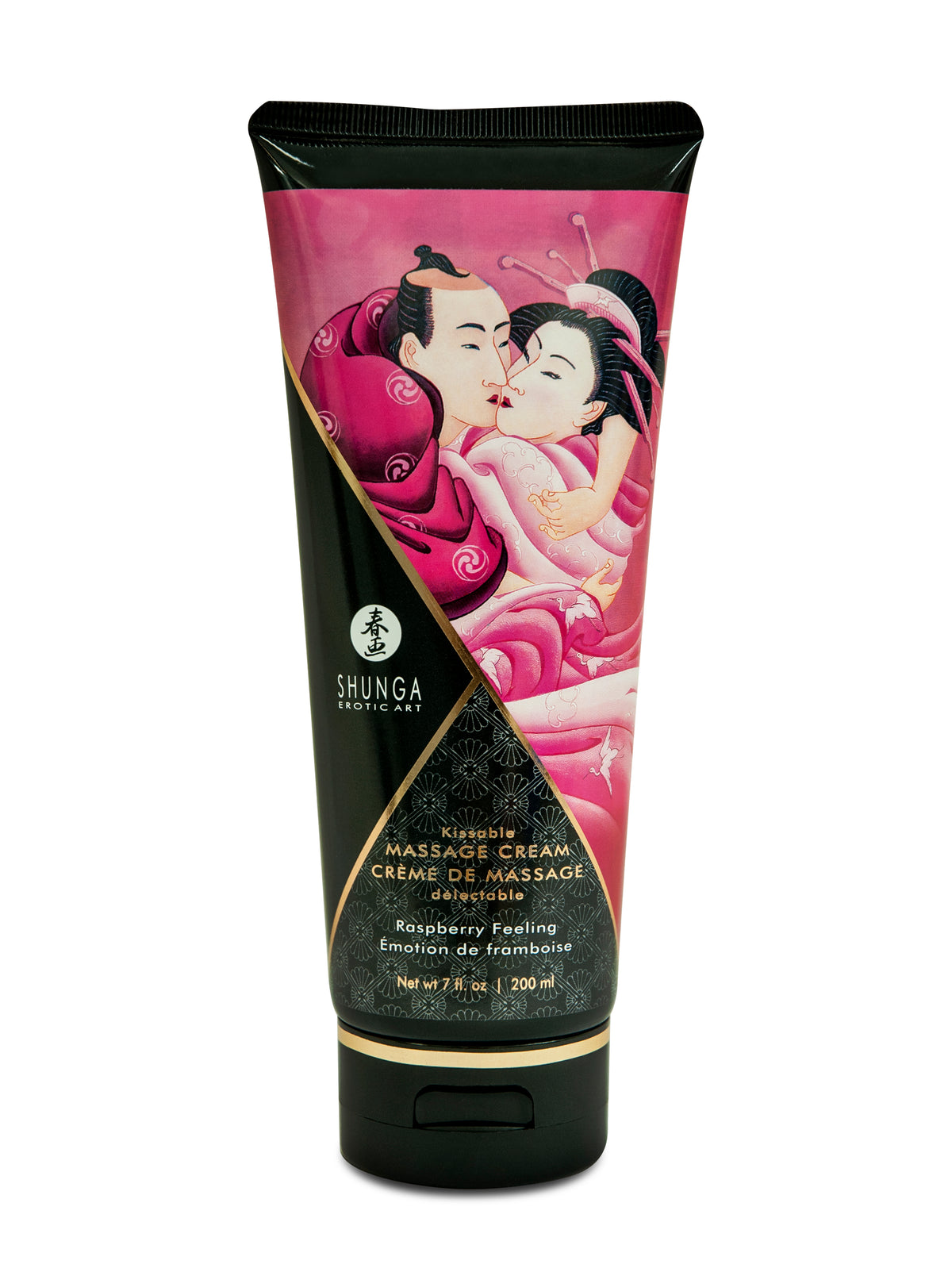 Shunga Kissable Massage Cream Raspberry Feeling 7 Fl Oz tube with sensual design for flavorful massages.