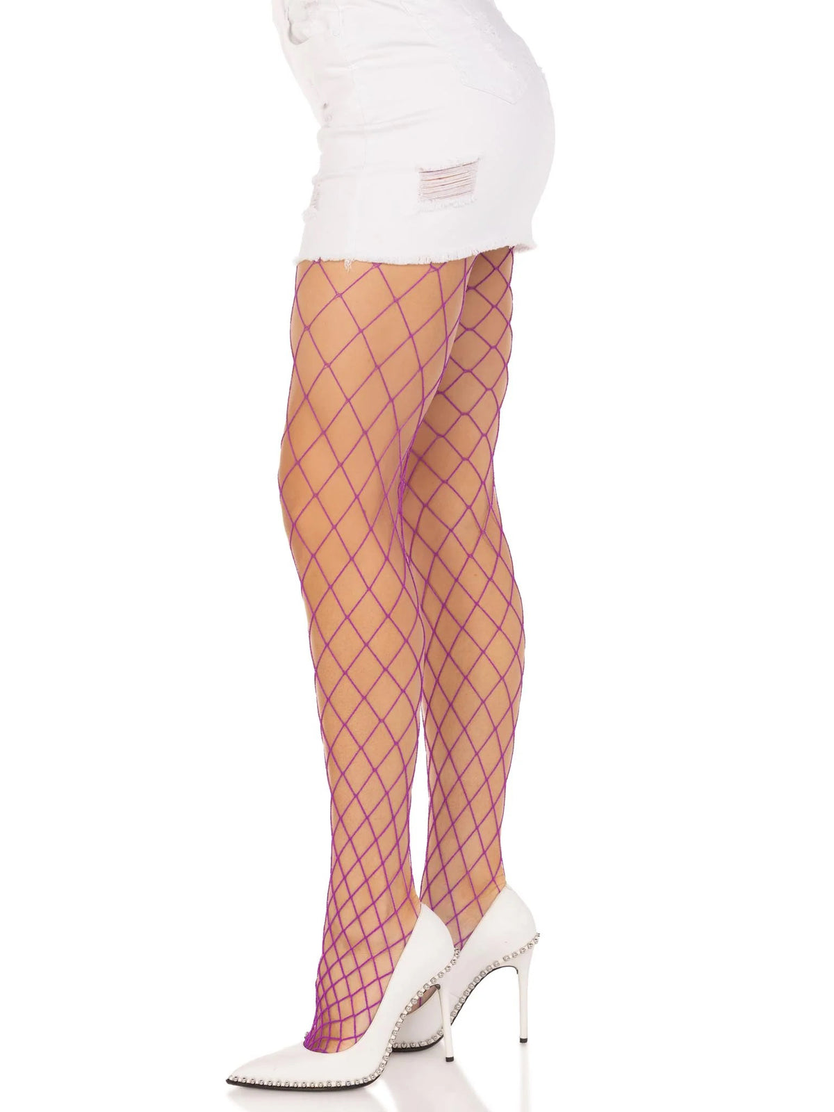 Leg Avenue Xena Spandex Diamond Net Tights One Size Purple showcased on a model wearing a mini skirt and heels.