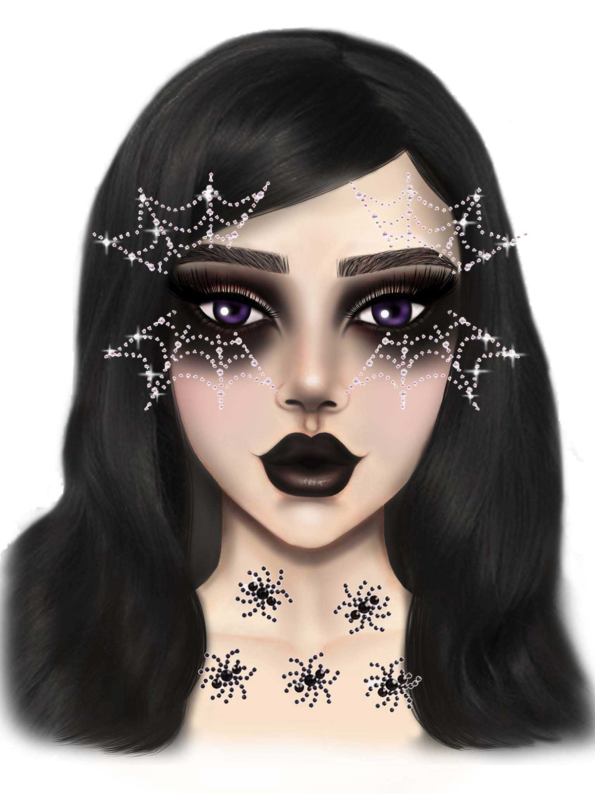 Leg Avenue Spider Web Face Jewels Sticker on a female model with spider web and spider designs.