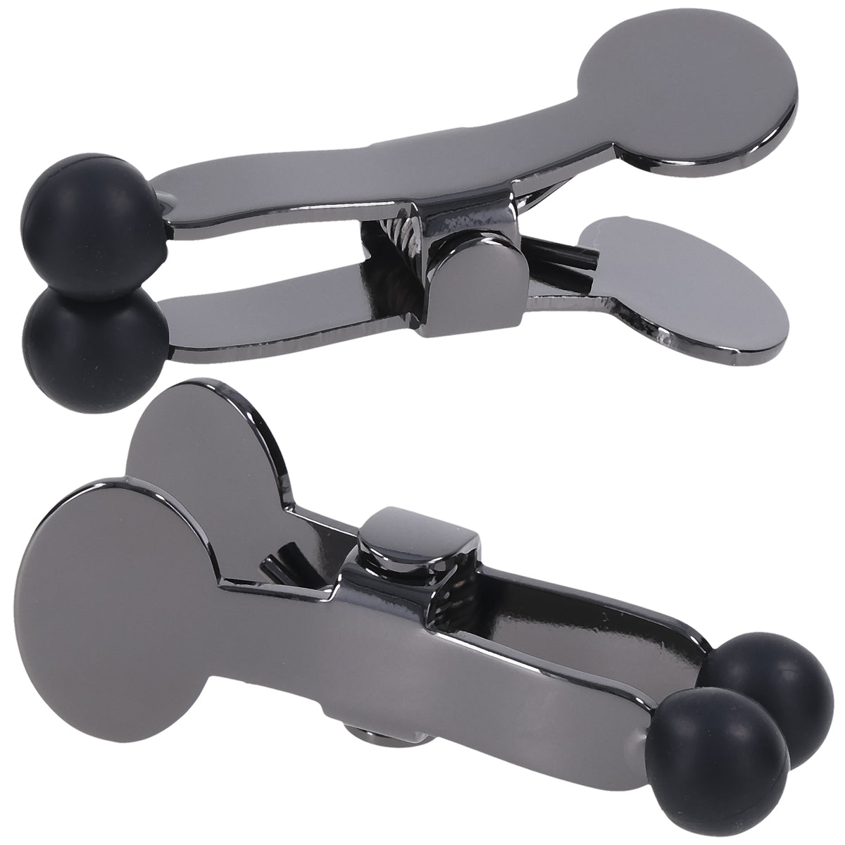 Merci Nippers Stainless Steel Nipple Clamps Black close-up, showcasing sleek stainless steel and silicone design.