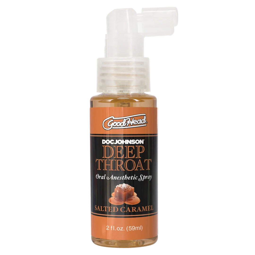 Goodhead Deep Throat Spray Salted Caramel 2 Fl Oz bottle with spray nozzle, designed for smoother oral play.