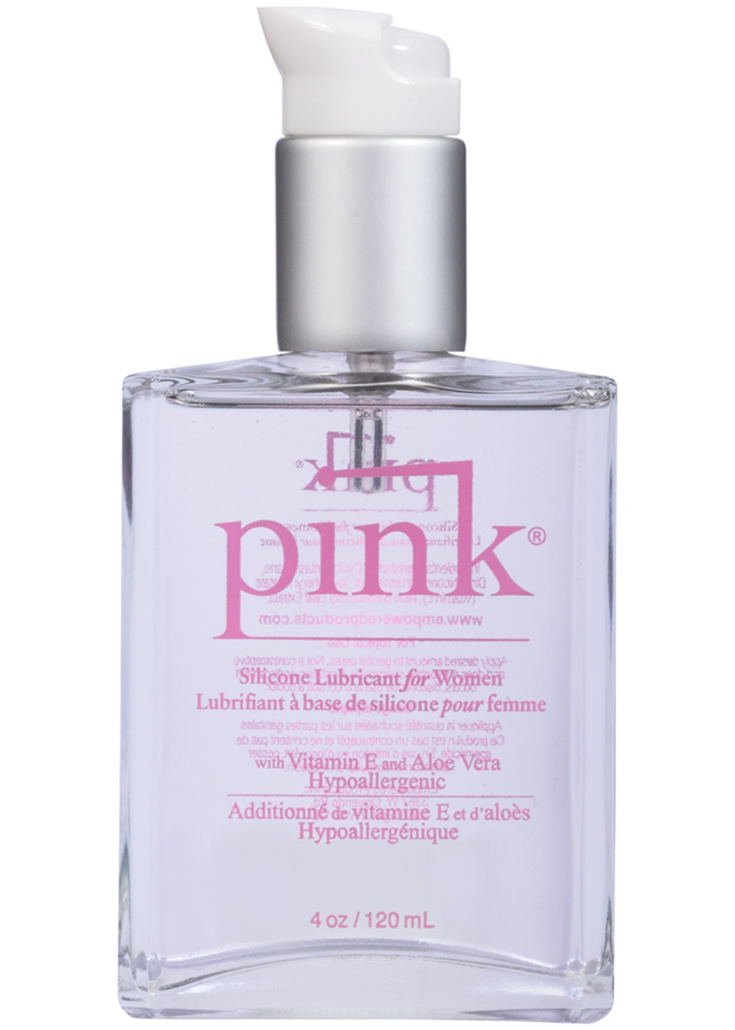 Pink Silicone Lubricant for Women 4 Oz bottle, silicone-based personal lubricant for enhanced comfort and moisture.