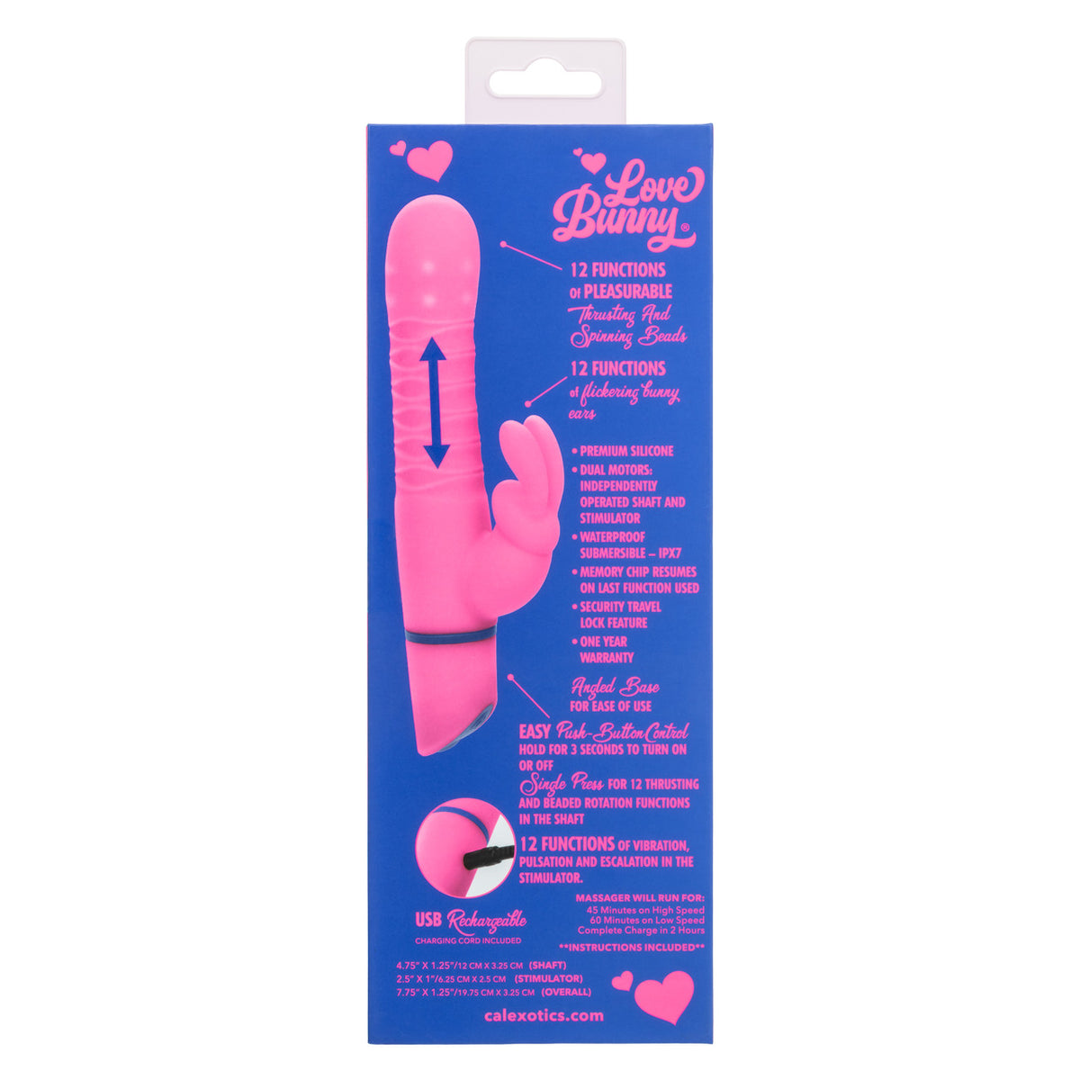 Love Bunny Beaded Spin Bunny Dual Motor Vibrator Pink packaging displaying features, specifications, and design.