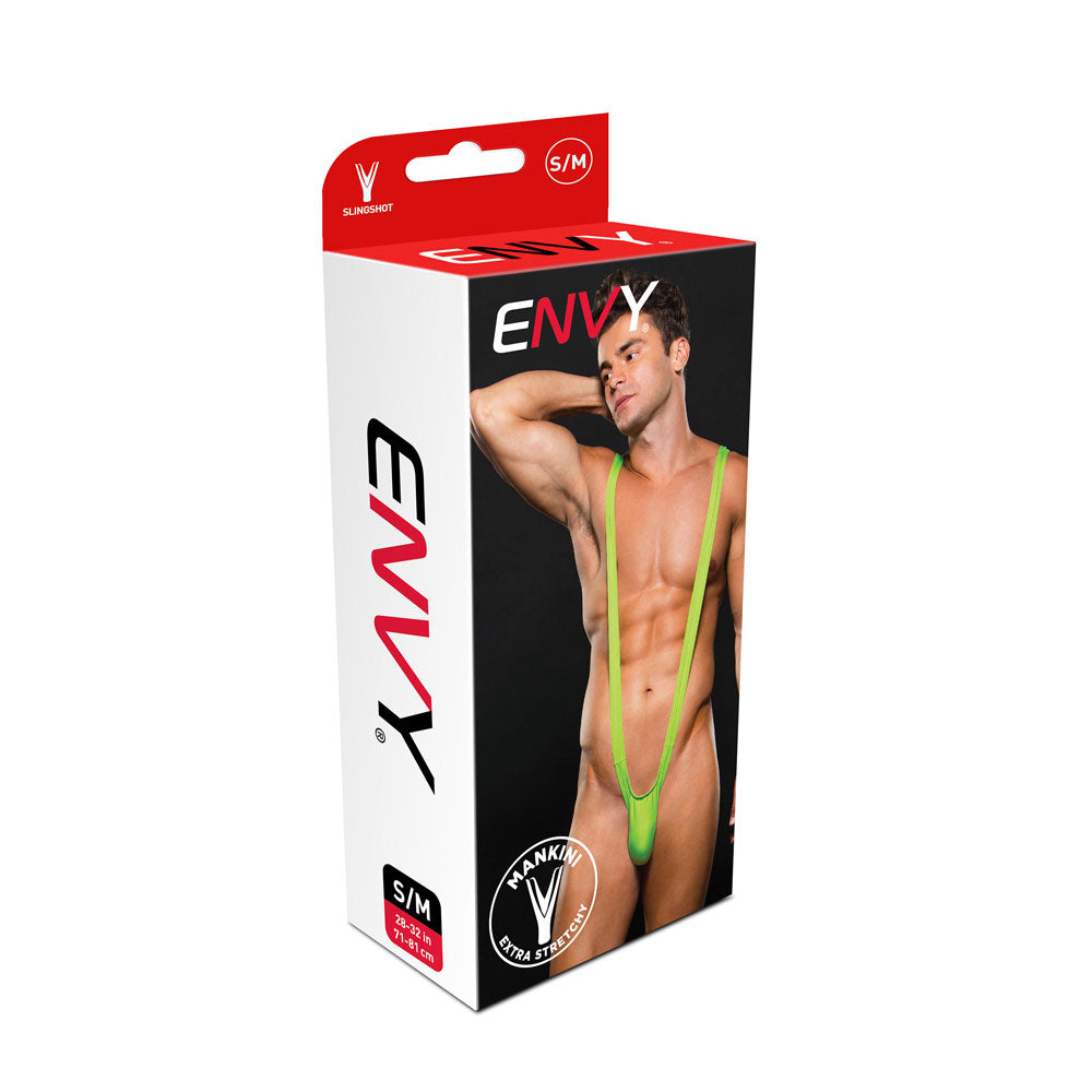 Envy Menswear Slingshot Mens Underwear Small/Medium Green packaging featuring a confident model in minimal design.