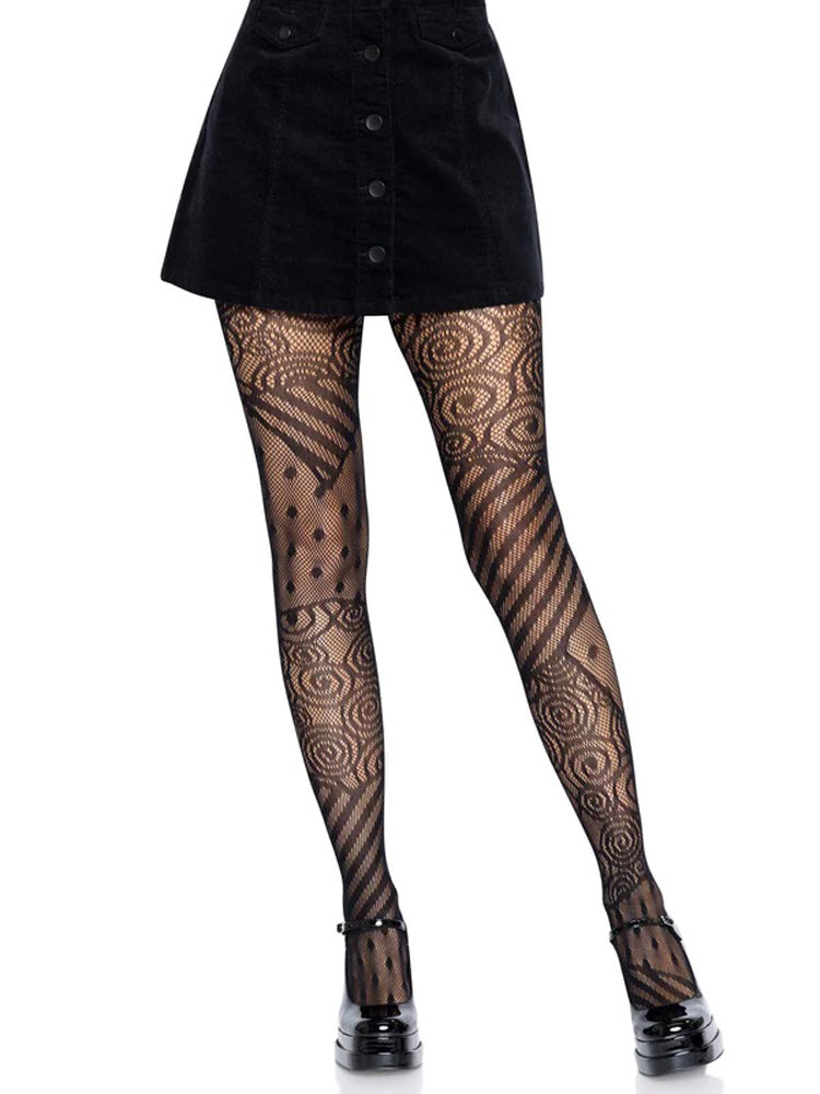 Leg Avenue Doll Net Tights One Size Black worn with a black skirt, showcasing unique fishnet patterns.