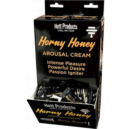 Horny Honey Arousal Cream 144 Piece Display 2ml Tubes packaging showcasing trial-size tubes for retailers.