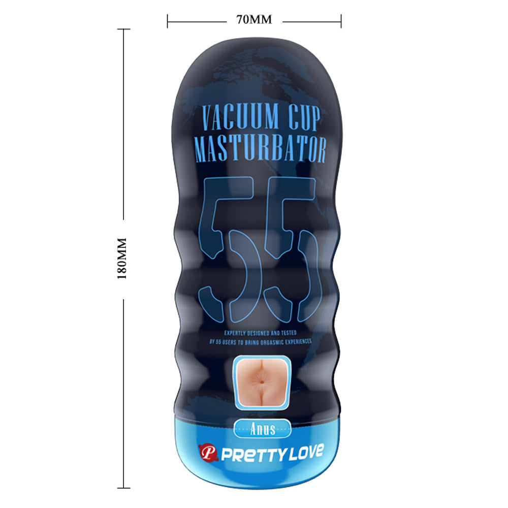 Pretty Love Anus Vacuum Cup Masturbator Beige packaging, featuring dimensions and branding details.