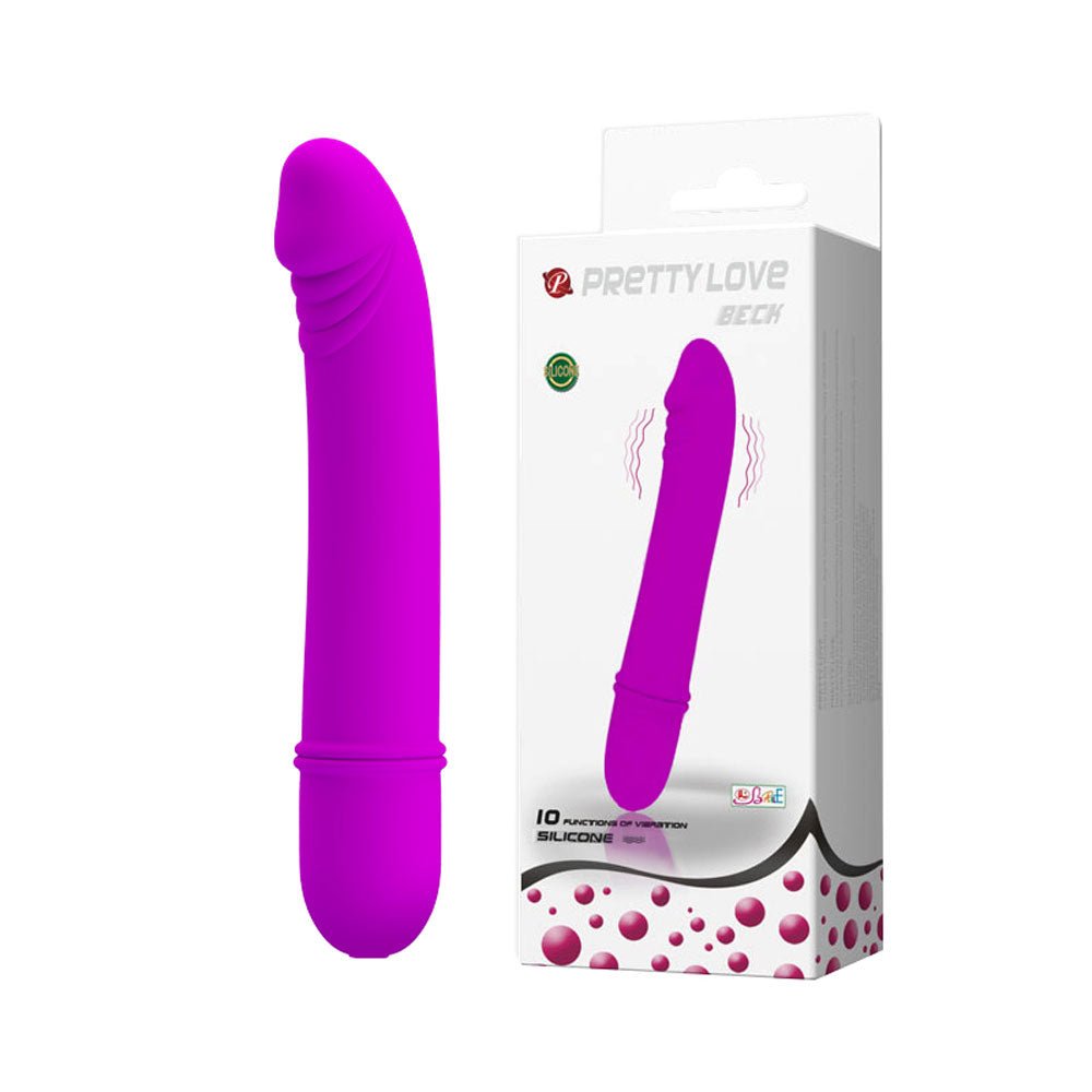 Pretty Love Beck Silicone G-Spot Vibrator Purple displayed with box, designed for targeted internal and external stimulation.